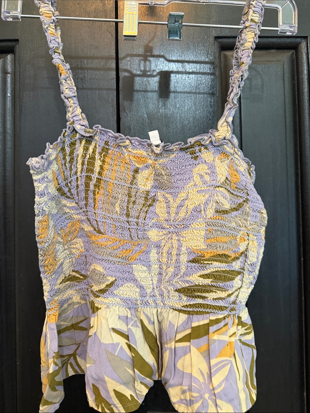 Patrons of Peace Lilac Floral Smocked Tank Top with Olive and Yellow Accents
